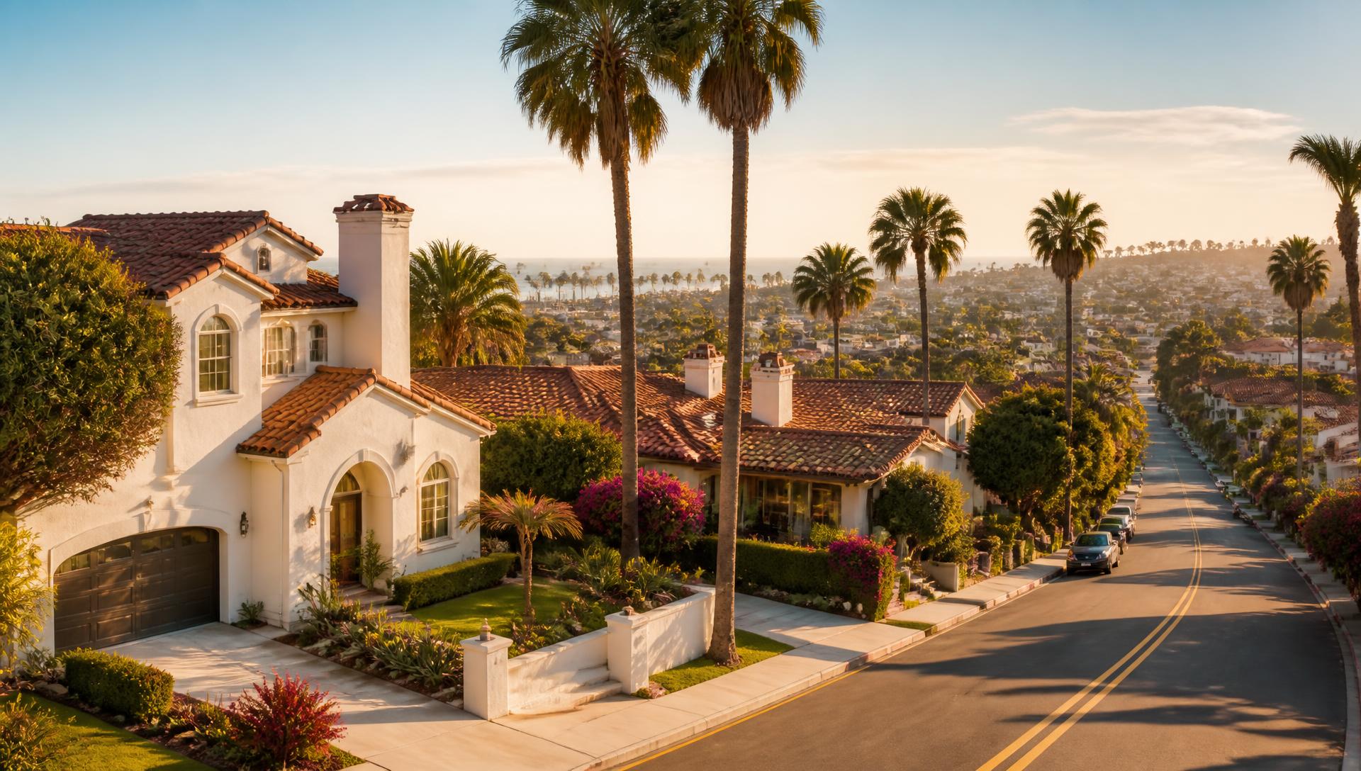 Southern California neighborhood of Spanish-tile roof homes at golden hour